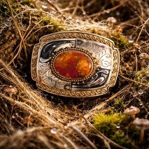 Western Style Belt Buckle with Large Amber Stone – Vintage Gold & Silver Tone St